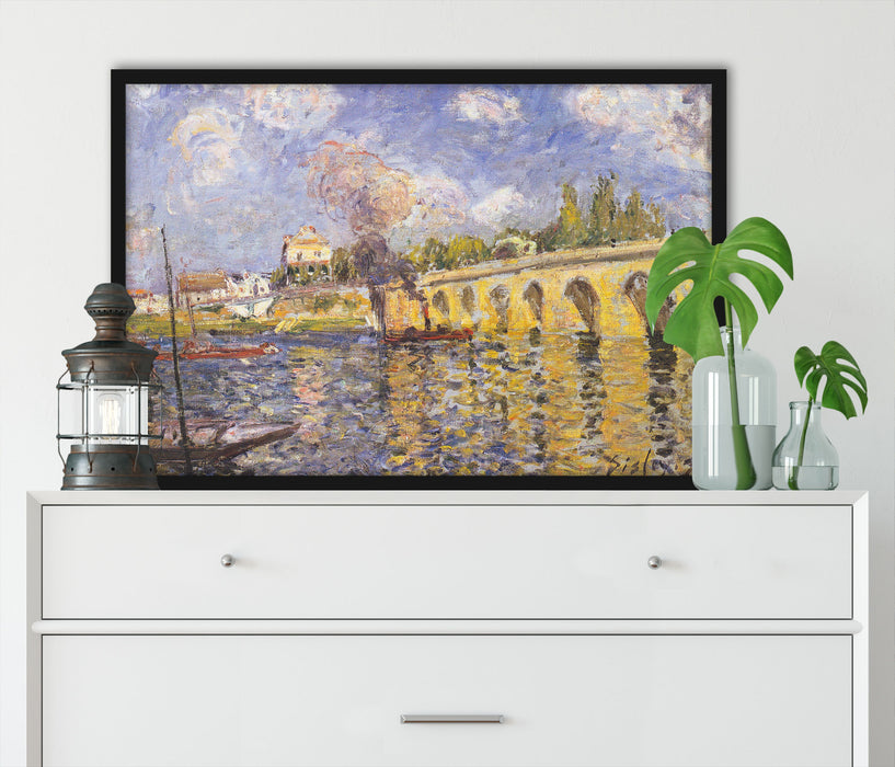 Alfred Sisley - River Steamboat and Bridge , Poster mit Bilderrahmen