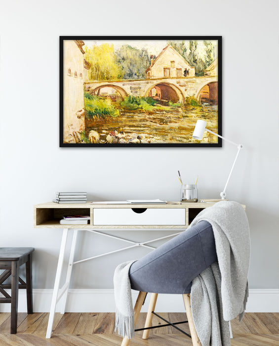 Alfred Sisley - The Washerwomen of Moret , Poster mit Bilderrahmen