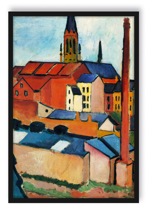 Pixxprint August Macke - Marienkirche mit Häusern und Schornstein, Poster mit Bilderrahmen