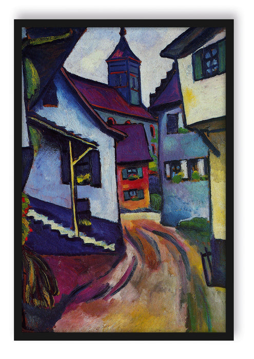 Pixxprint August Macke - Straße mit Kirche in Kandern, Poster mit Bilderrahmen
