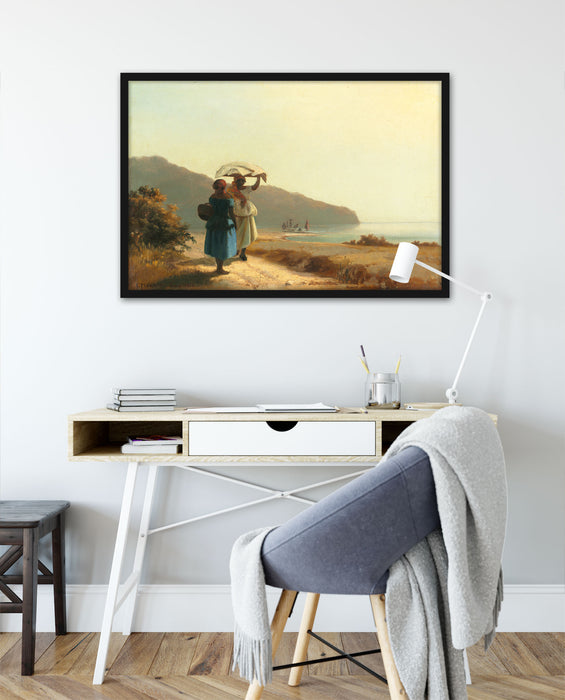 Camille Pissarro - Deux femmes causant au bord de la me, Poster mit Bilderrahmen