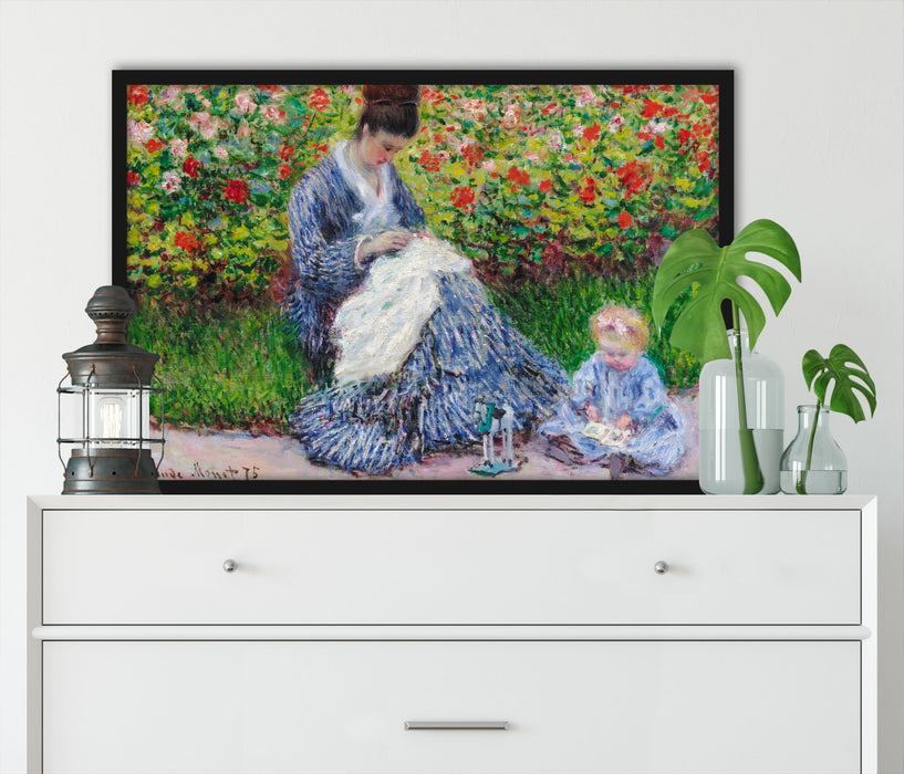 Claude Monet - Camille Monet und ein Kind im Garten des, Poster mit Bilderrahmen