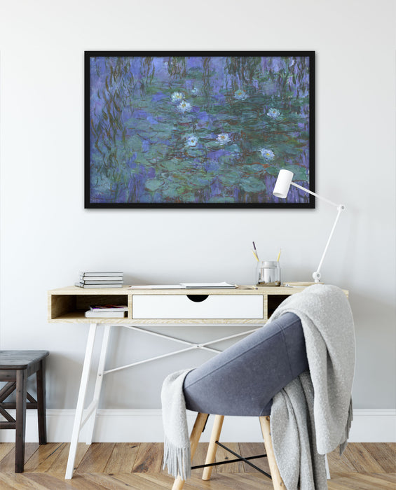 Claude Monet - Seerosen auf blaues Wasser , Poster mit Bilderrahmen