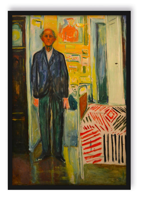 Edvard Munch - Selbstbildnis zwischen Uhr und Bett , Poster mit Bilderrahmen