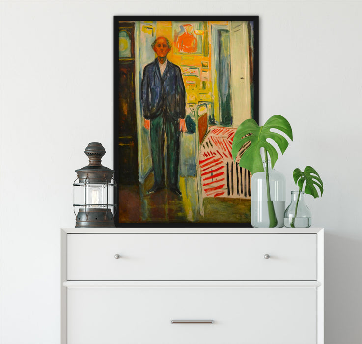 Edvard Munch - Selbstbildnis zwischen Uhr und Bett , Poster mit Bilderrahmen