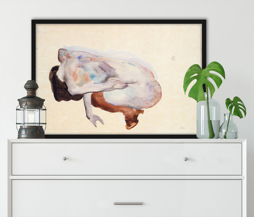 Egon Schiele - Hockende Frau in Stöckeln und schwarzen, Poster mit Bilderrahmen