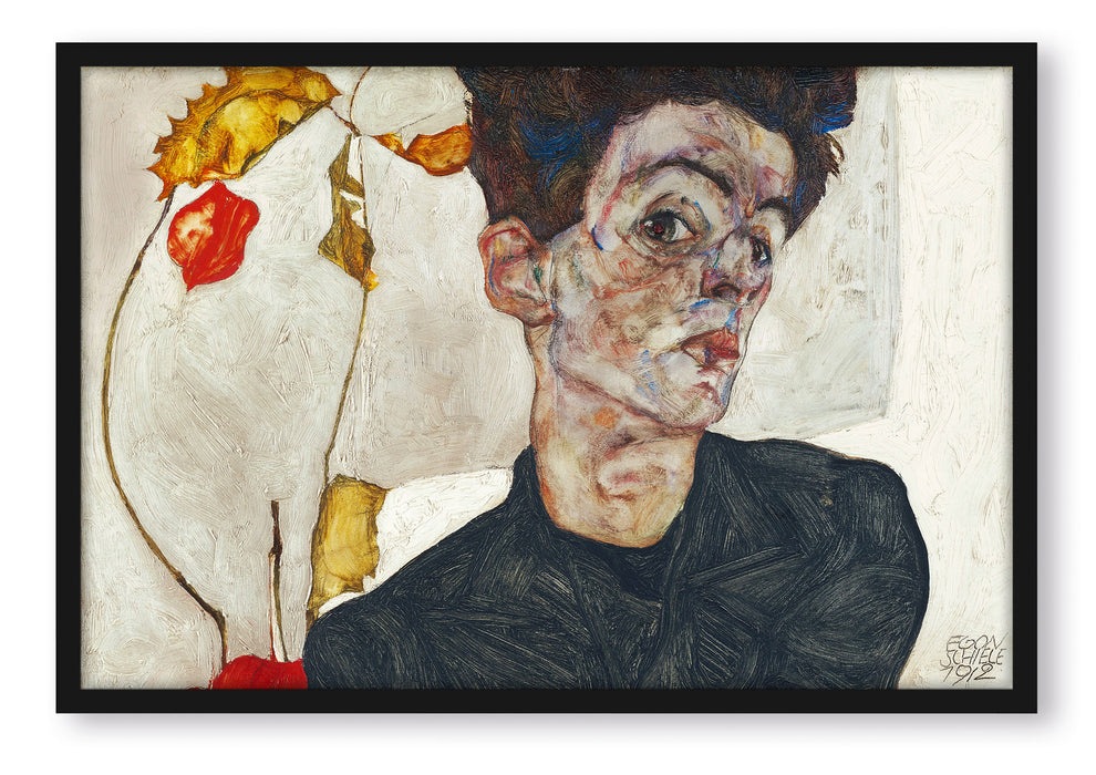 Egon Schiele - Selbstportrait mit Physalis, Poster mit Bilderrahmen