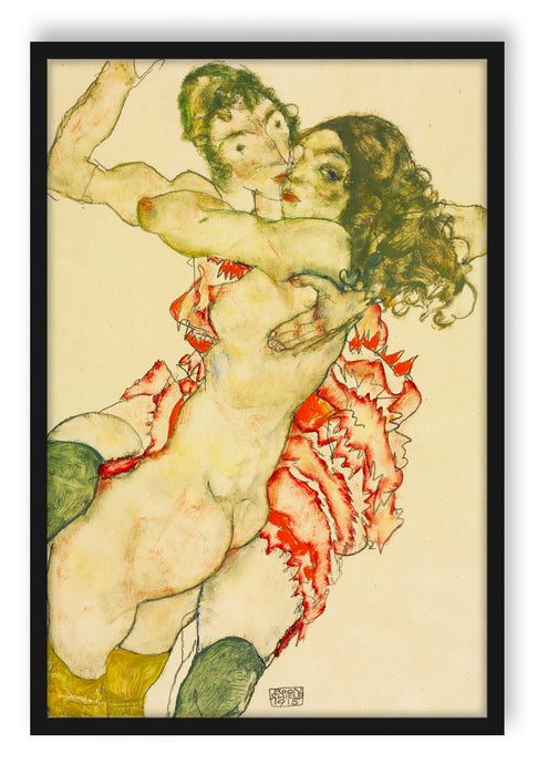 Egon Schiele - Zwei sich umarmende Frauen , Poster mit Bilderrahmen