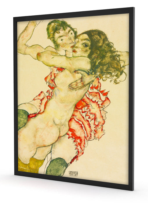 Egon Schiele - Zwei sich umarmende Frauen , Poster mit Bilderrahmen