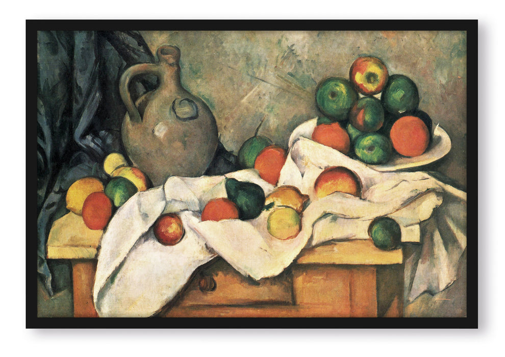 Paul Cézanne - Stillleben mit Vorhang Krug und Obstsc, Poster mit Bilderrahmen