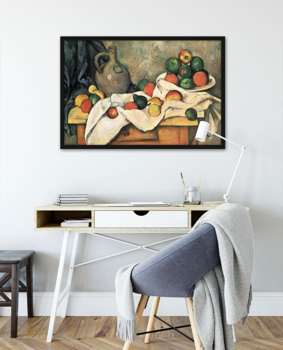 Paul Cézanne - Stillleben mit Vorhang Krug und Obstsc, Poster mit Bilderrahmen