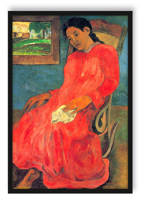 Paul Gauguin - Frau im rotem Kleid , Poster mit Bilderrahmen