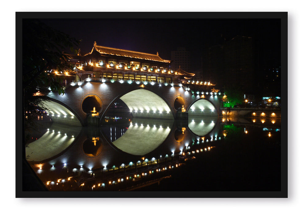Pixxprint hellerleuchtete chinesische Brücke, Poster mit Bilderrahmen
