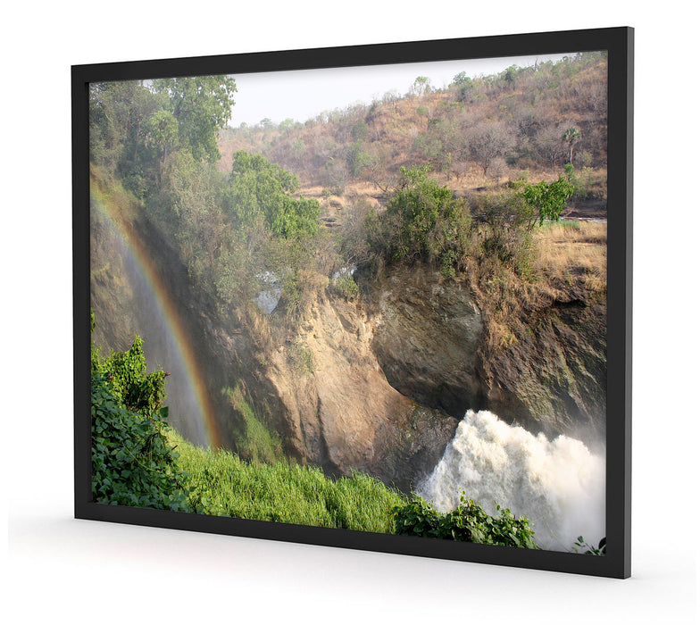 Regenbogen über Wasserfall, Poster mit Bilderrahmen