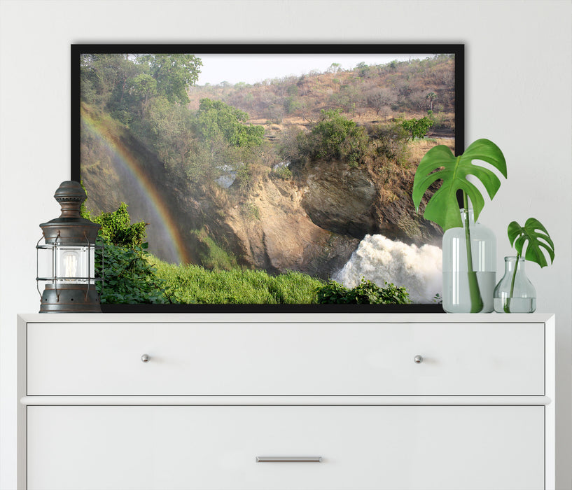 Regenbogen über Wasserfall, Poster mit Bilderrahmen