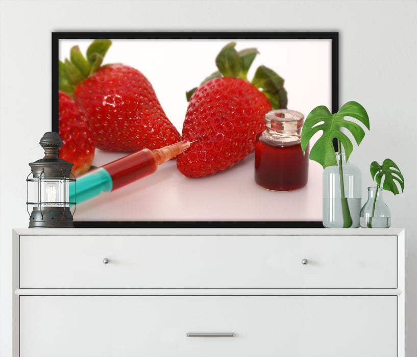 Erdbeeren mit Lebensmittelfarbe, Poster mit Bilderrahmen