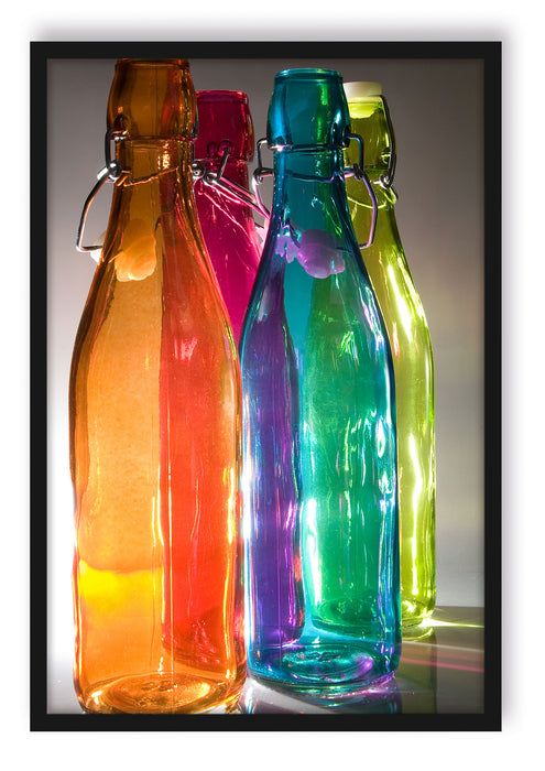 Pixxprint bunte Glasflaschen, Poster mit Bilderrahmen