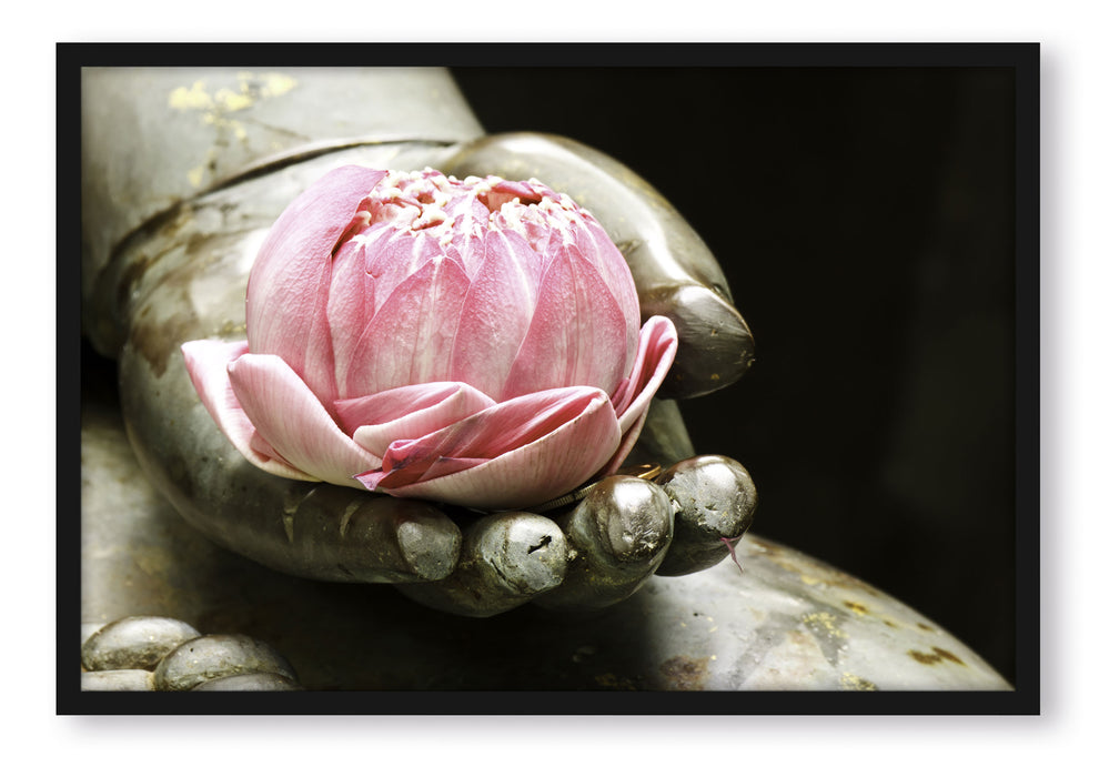 Lotus auf der Hand eines Buddhas, Poster mit Bilderrahmen