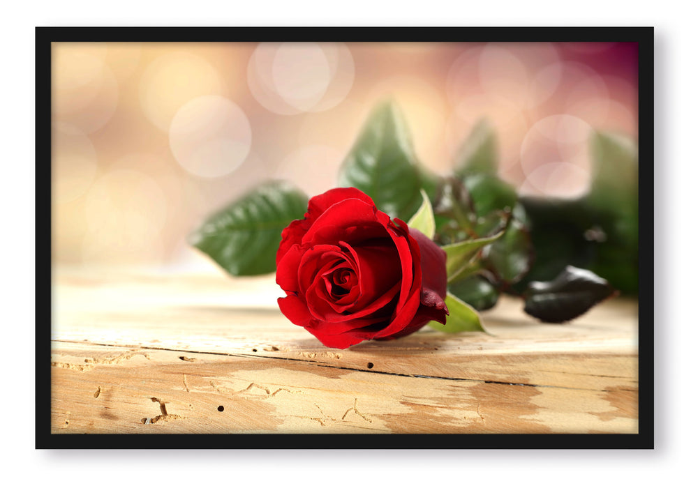 Pixxprint Rose auf Holztisch, Poster mit Bilderrahmen