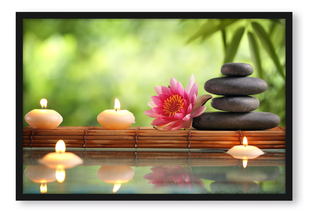 Pixxprint Seerose mit Zen Steinen im Tempel, Poster mit Bilderrahmen