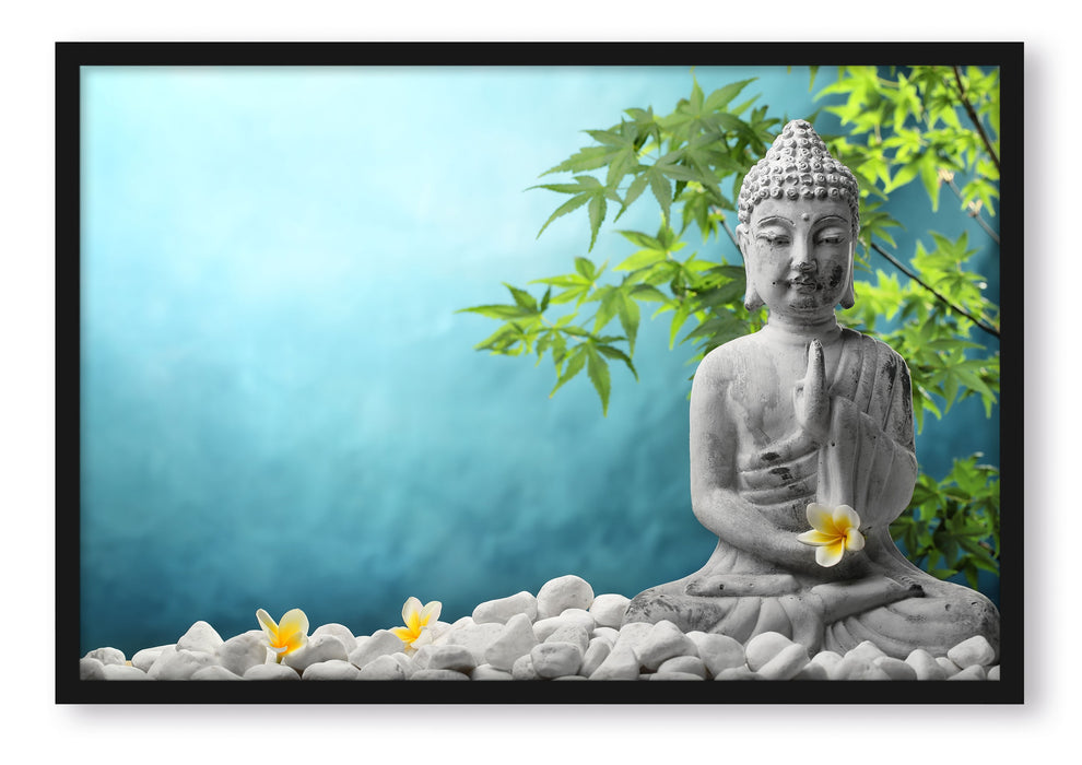 Pixxprint Buddha auf Steinen mit Monoi Blüte, Poster mit Bilderrahmen