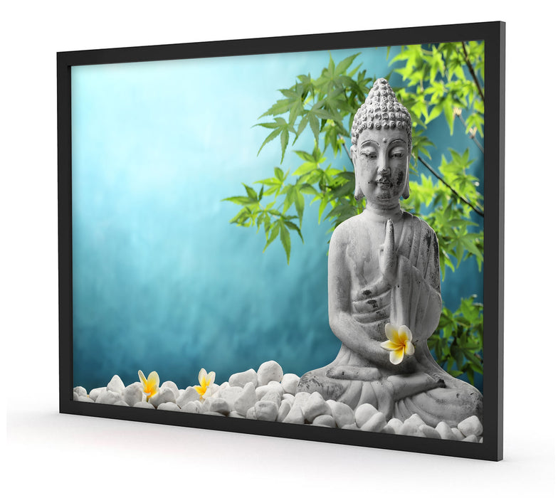 Buddha auf Steinen mit Monoi Blüte, Poster mit Bilderrahmen