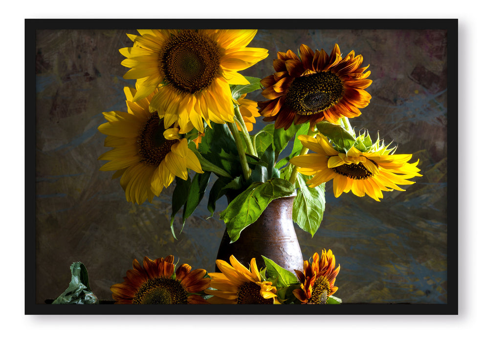 Pixxprint Sonnenblumen in edler Vase, Poster mit Bilderrahmen