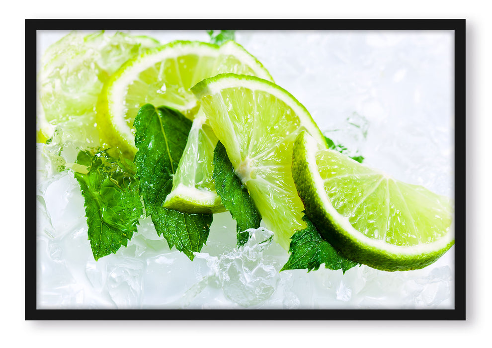 Pixxprint Limetten und Minze im Eis, Poster mit Bilderrahmen