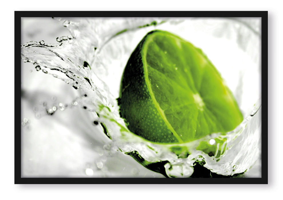 Pixxprint Limette fällt in Wasser, Poster mit Bilderrahmen