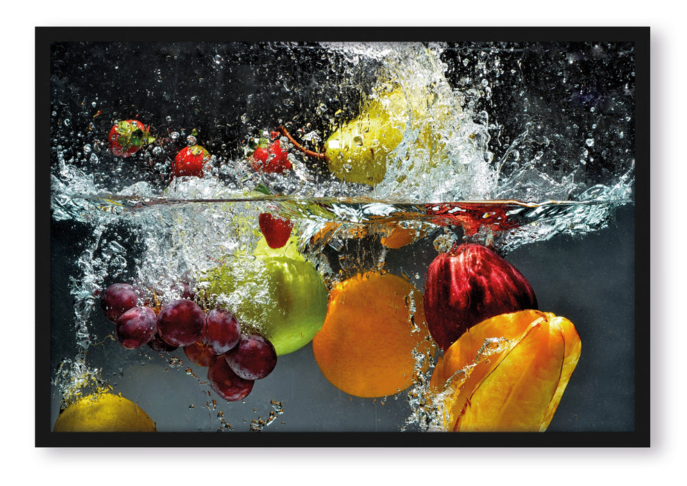 Pixxprint Früchte fallen ins Wasser, Poster mit Bilderrahmen
