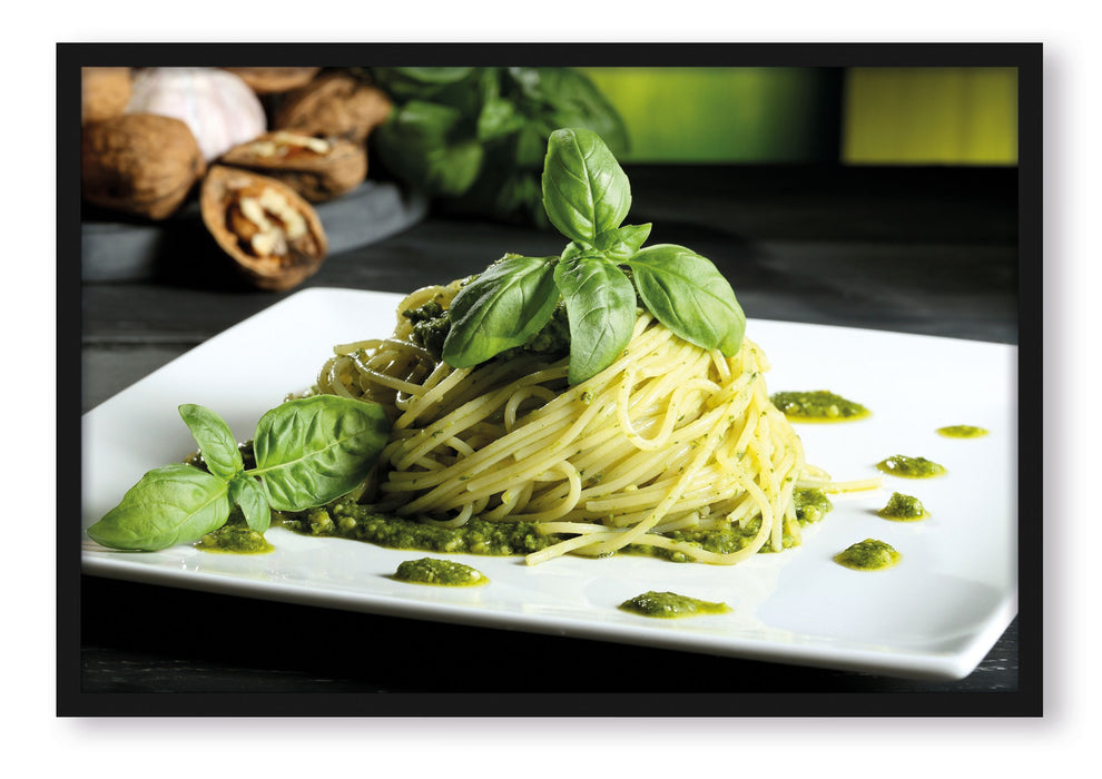Pixxprint Spaghetti mit grünem Pesto, Poster mit Bilderrahmen
