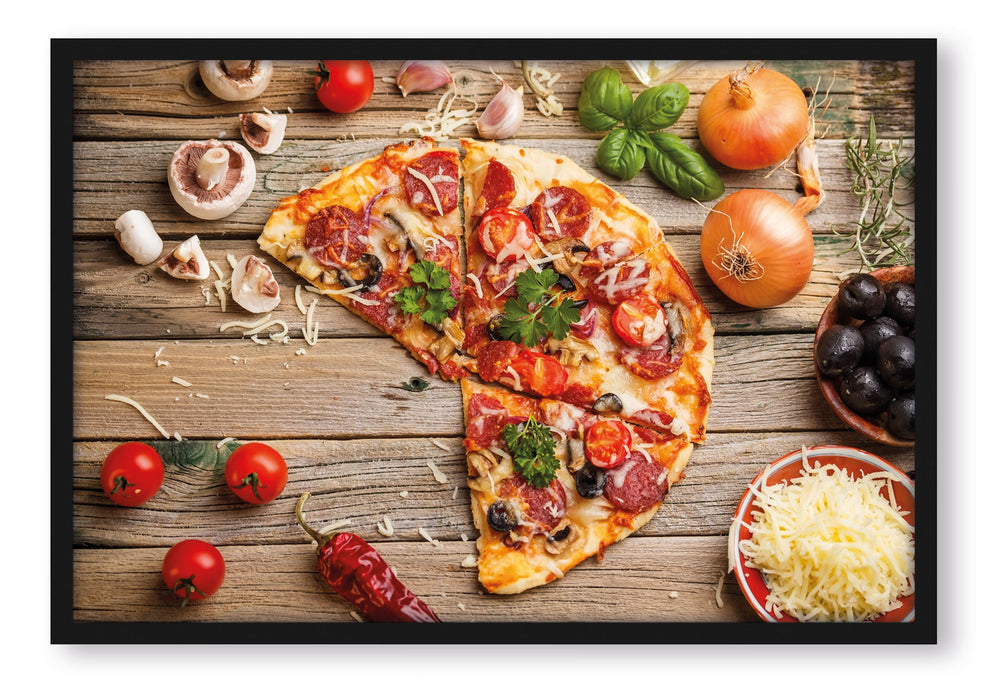 Pixxprint Pizza Italia auf Holztisch, Poster mit Bilderrahmen