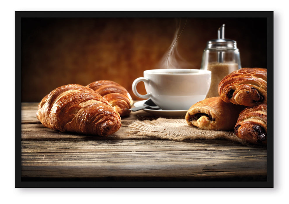 Croissant zum Kaffee, Poster mit Bilderrahmen