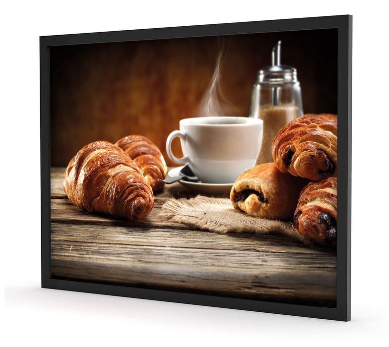 Croissant zum Kaffee, Poster mit Bilderrahmen