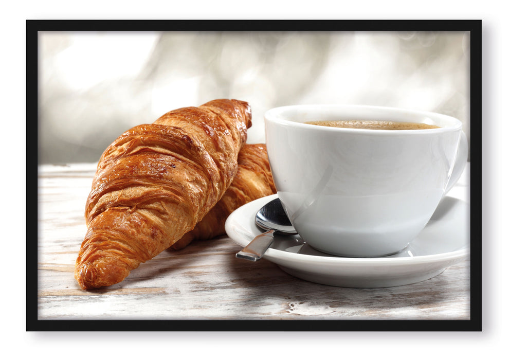 Frisches Croissant und Kaffee, Poster mit Bilderrahmen