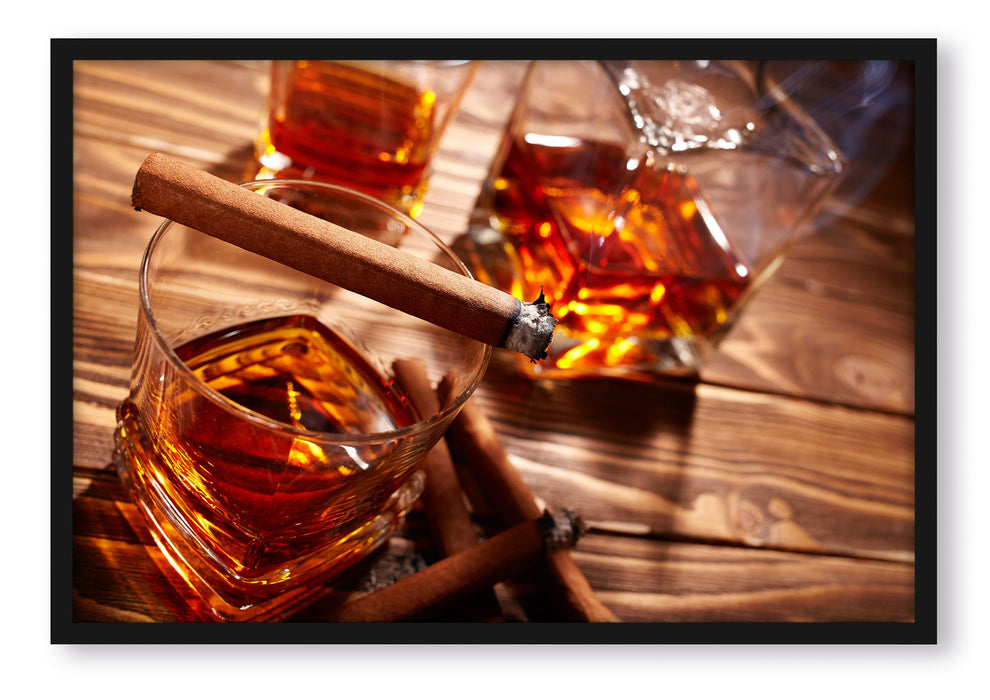 Pixxprint Edler Whiskey mit Zigarre, Poster mit Bilderrahmen