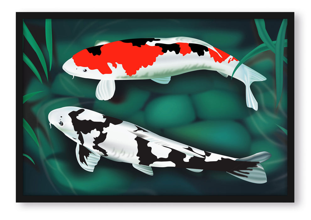 Pixxprint Edle Koi Karpfen Kunst, Poster mit Bilderrahmen