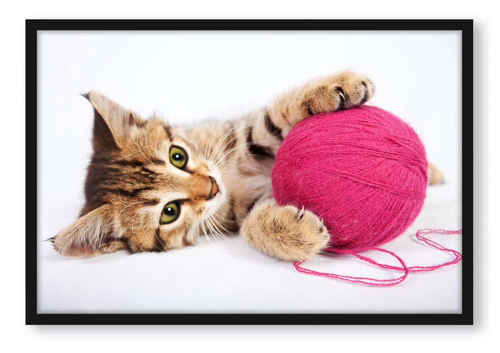 Pixxprint Kätzchen mit Wollknäuel, Poster mit Bilderrahmen