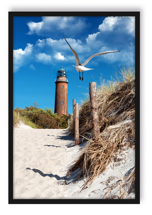 Pixxprint Schöner Leuchtturm am Strand, Poster mit Bilderrahmen