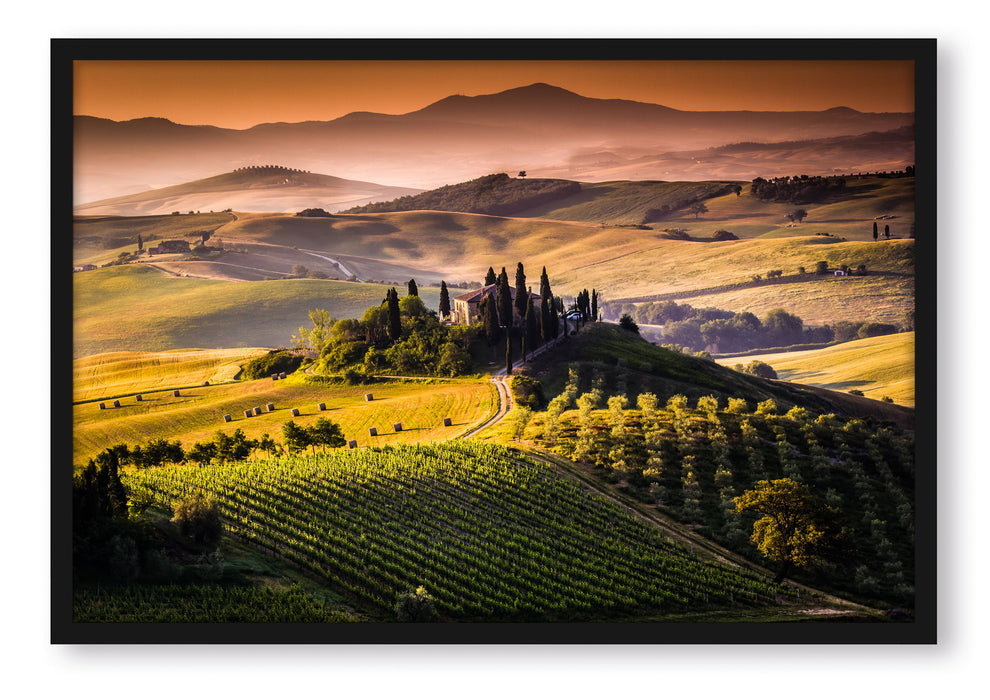 Pixxprint Wunderschöne Toskana Landschaft, Poster mit Bilderrahmen