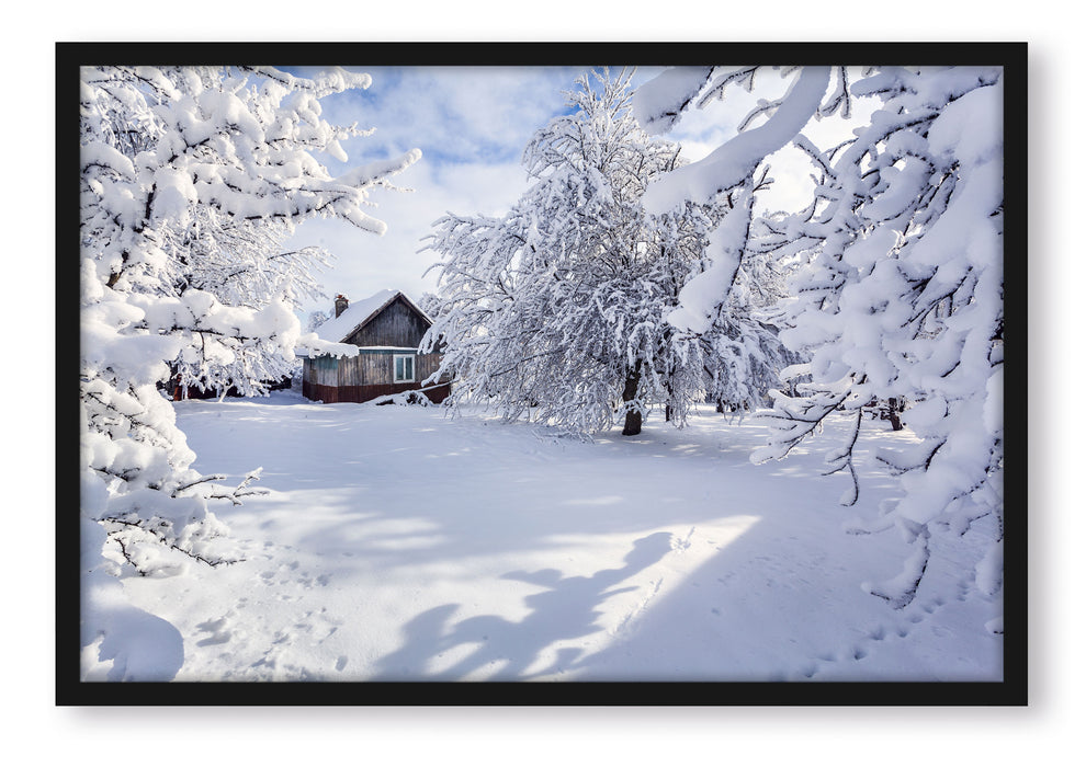 Pixxprint Winterlandschaft mit Hütte, Poster mit Bilderrahmen