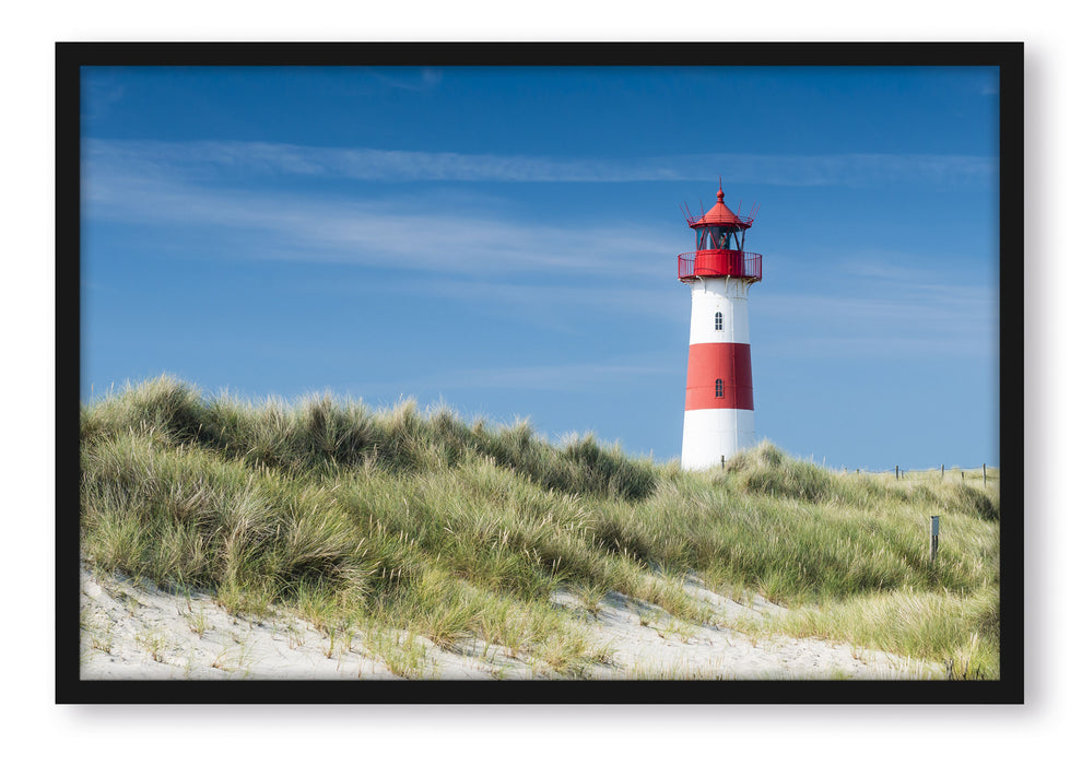 Pixxprint Leuchtturm hinter Dünen, Poster mit Bilderrahmen