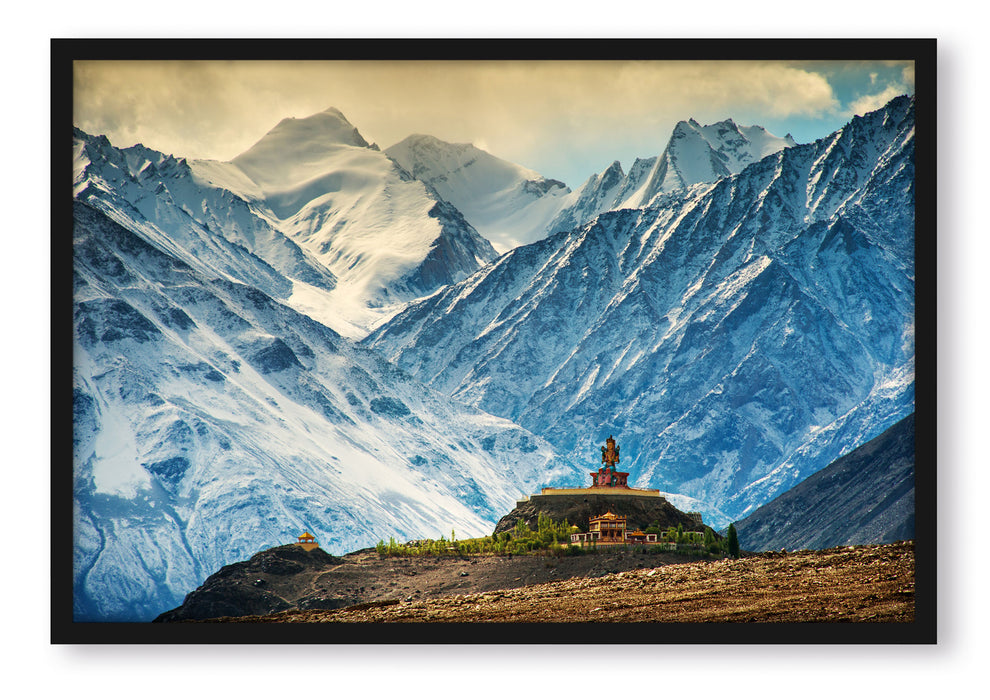 Tempel an Bergen in Tibet, Poster mit Bilderrahmen