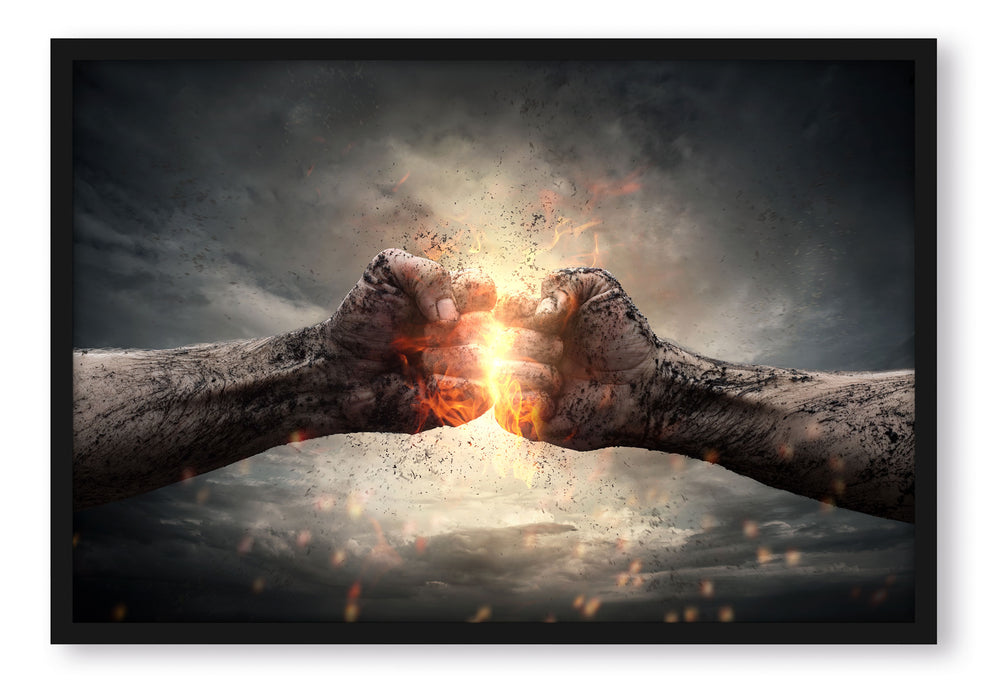 Pixxprint Fäuste treffen sich mit Energie, Poster mit Bilderrahmen