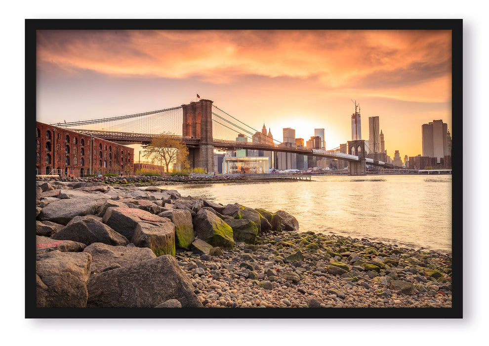 Pixxprint Brooklyn Bridge Sonnenuntergang, Poster mit Bilderrahmen