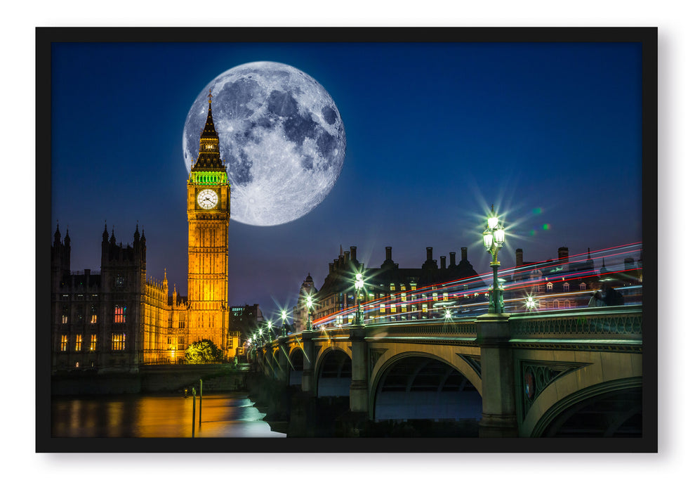 Pixxprint Big Ben vor Mond in London, Poster mit Bilderrahmen