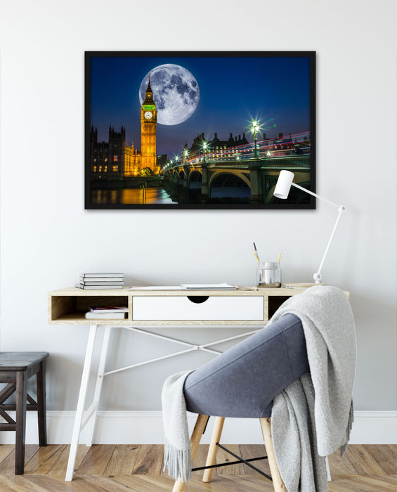 Big Ben vor Mond in London, Poster mit Bilderrahmen