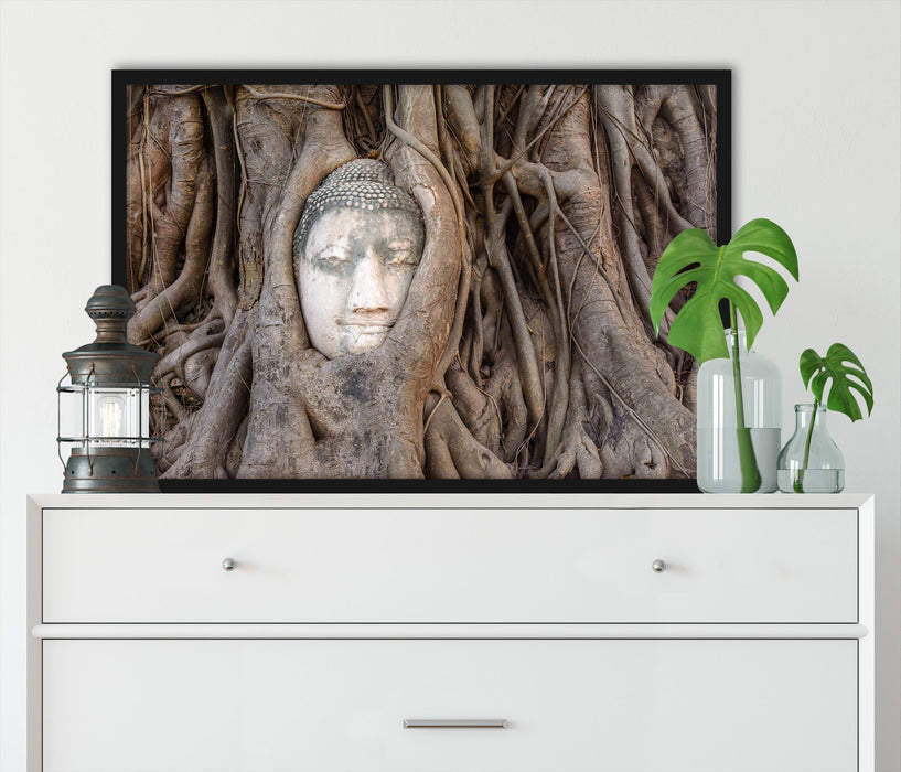 Buddha Kopf im Baum, Poster mit Bilderrahmen