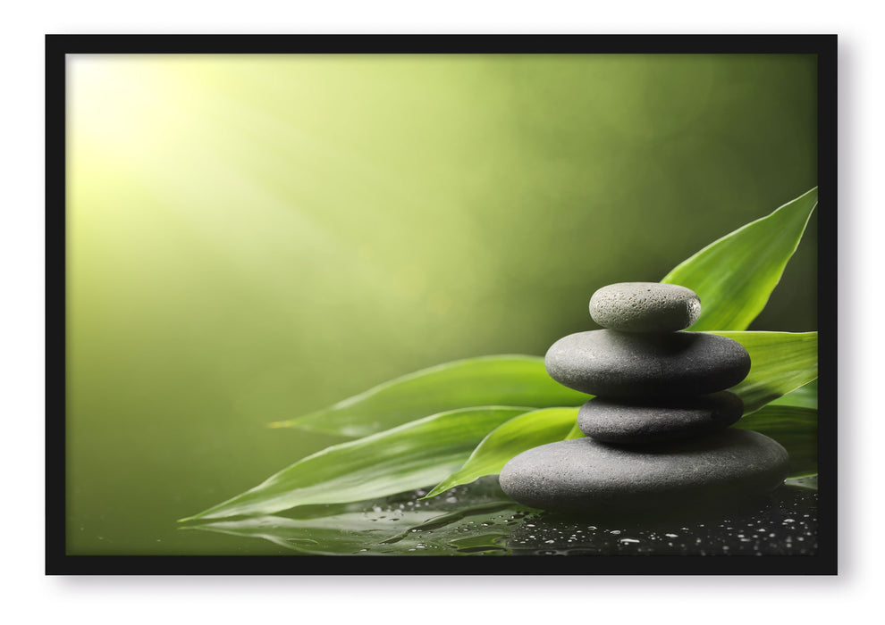 Pixxprint Zen Steine mit Blättern, Poster mit Bilderrahmen