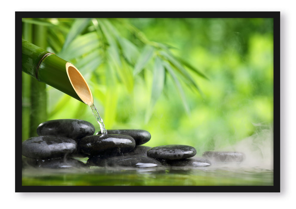 Pixxprint Bambusbrunnen mit Steinen, Poster mit Bilderrahmen